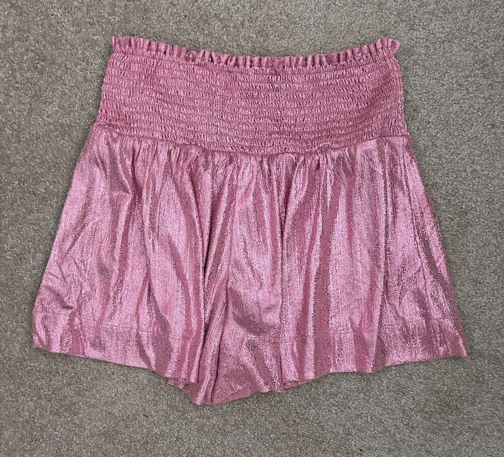 The Pants Store Pink Metallic Smocked High-Waisted Flowy Shorts, Small